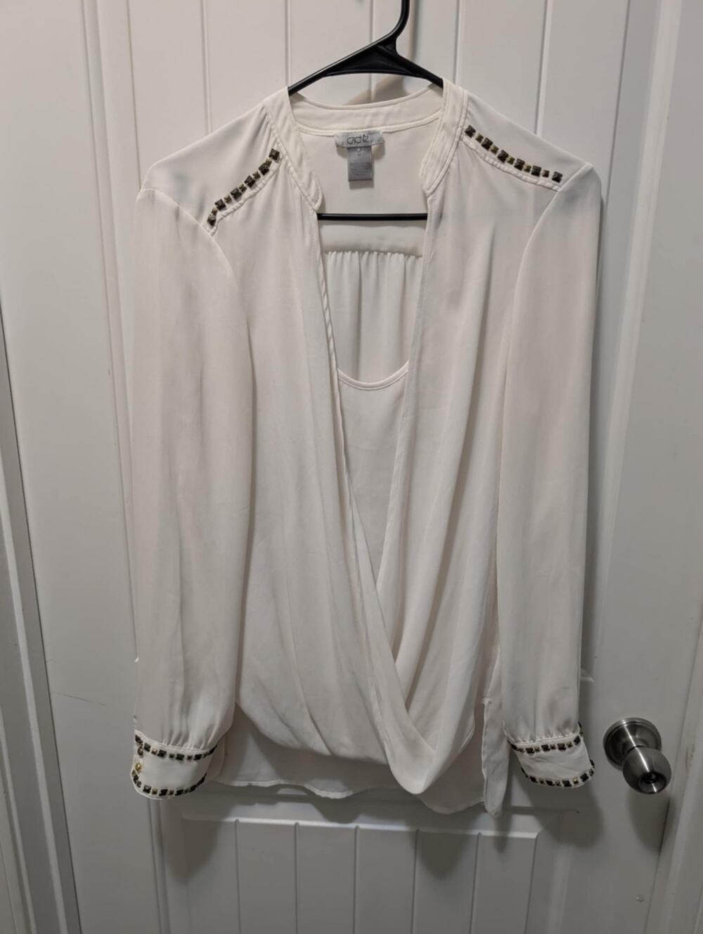 Cache' Longsleeve White Studded Accents Blouse Dressy Work Top Size M MSRP $115